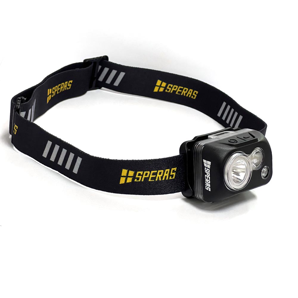 Full overview layout of SPERAS B7 lightweight sports headlamp with high-elasticity breathable headband
