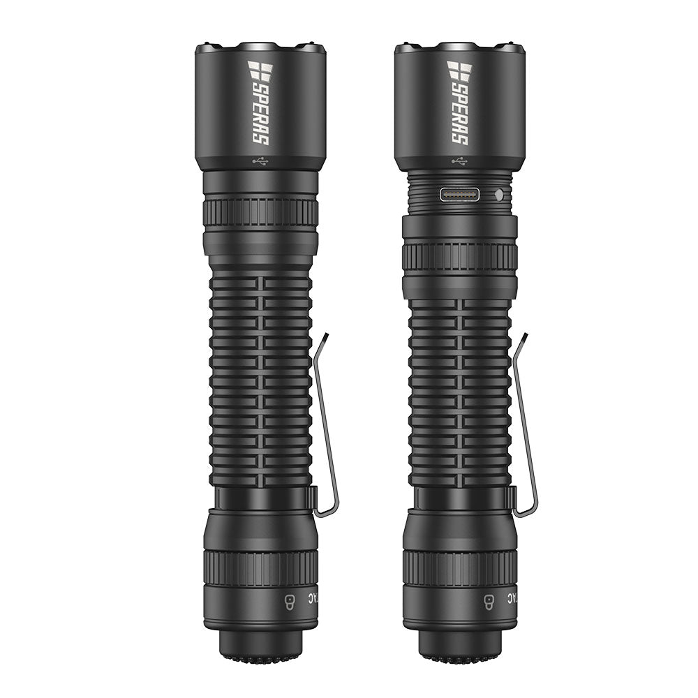 Front and back profile of the SPERAS EST30 18650 professional outdoor flashlight