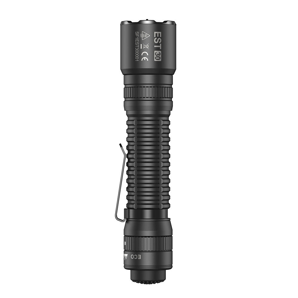 Rugged SPERAS EST30 high performance flashlight with durable pocket clip for duty holsters