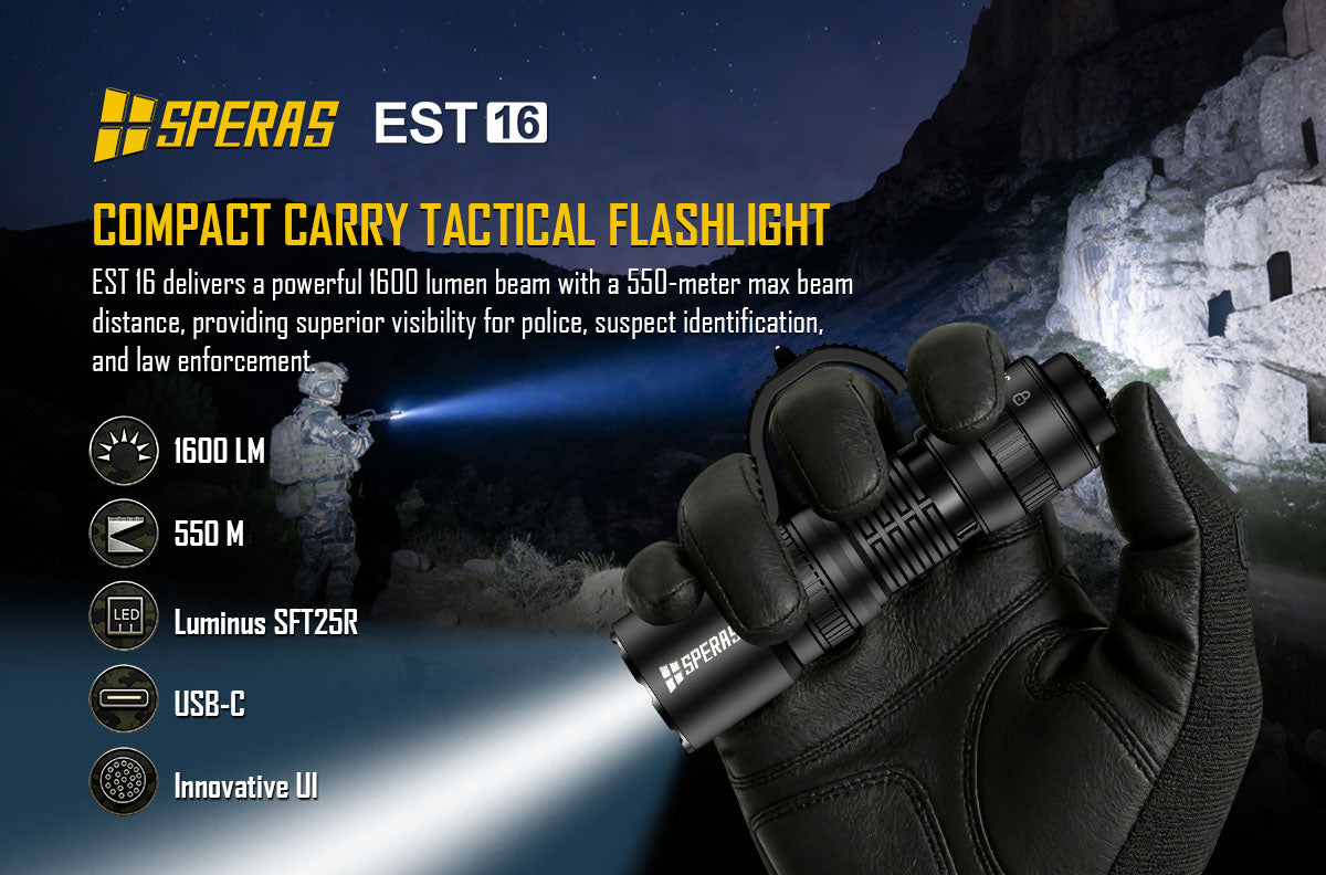 SPERAS EST16 compact tactical flashlight 1600 lumens 550m throw for security patrol