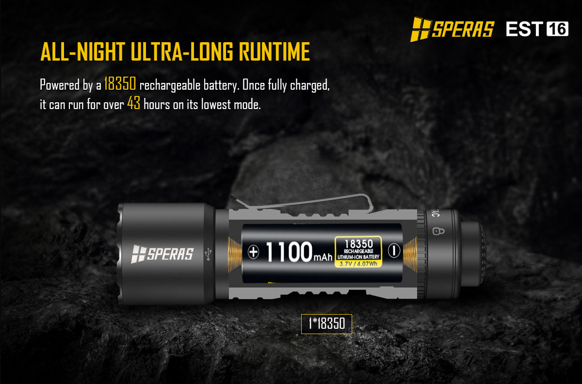 SPERAS EST16 powered by included 18350 rechargeable battery for 43 hours ultra-long runtime