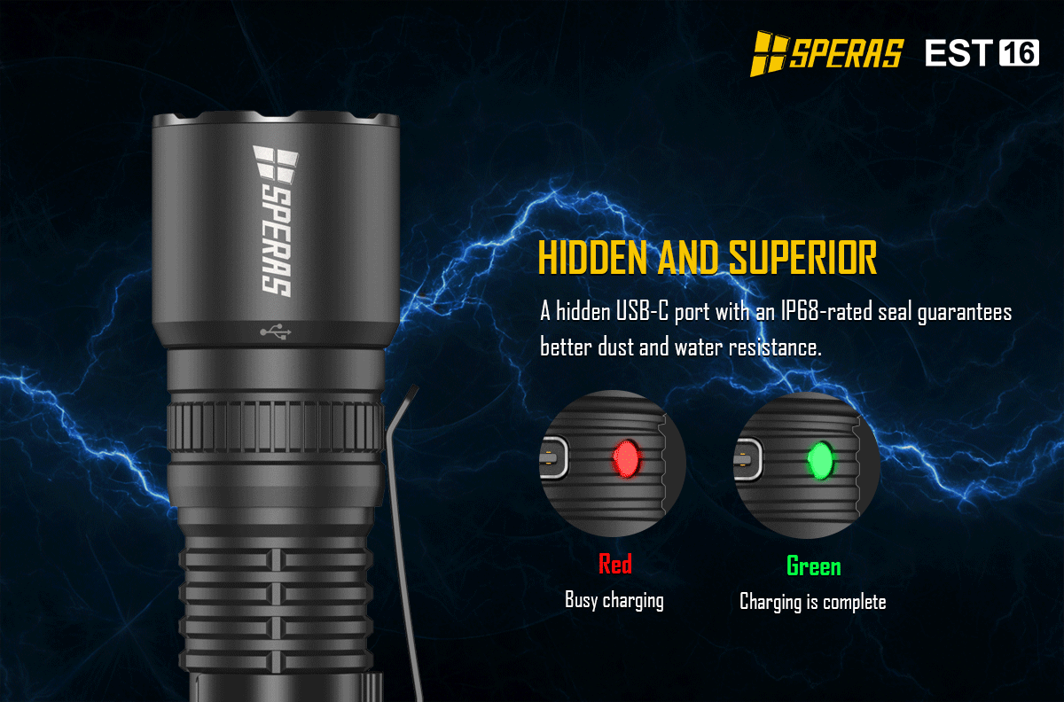 Hidden USB-C fast charging port with waterproof seal and LED indicators on SPERAS EST16