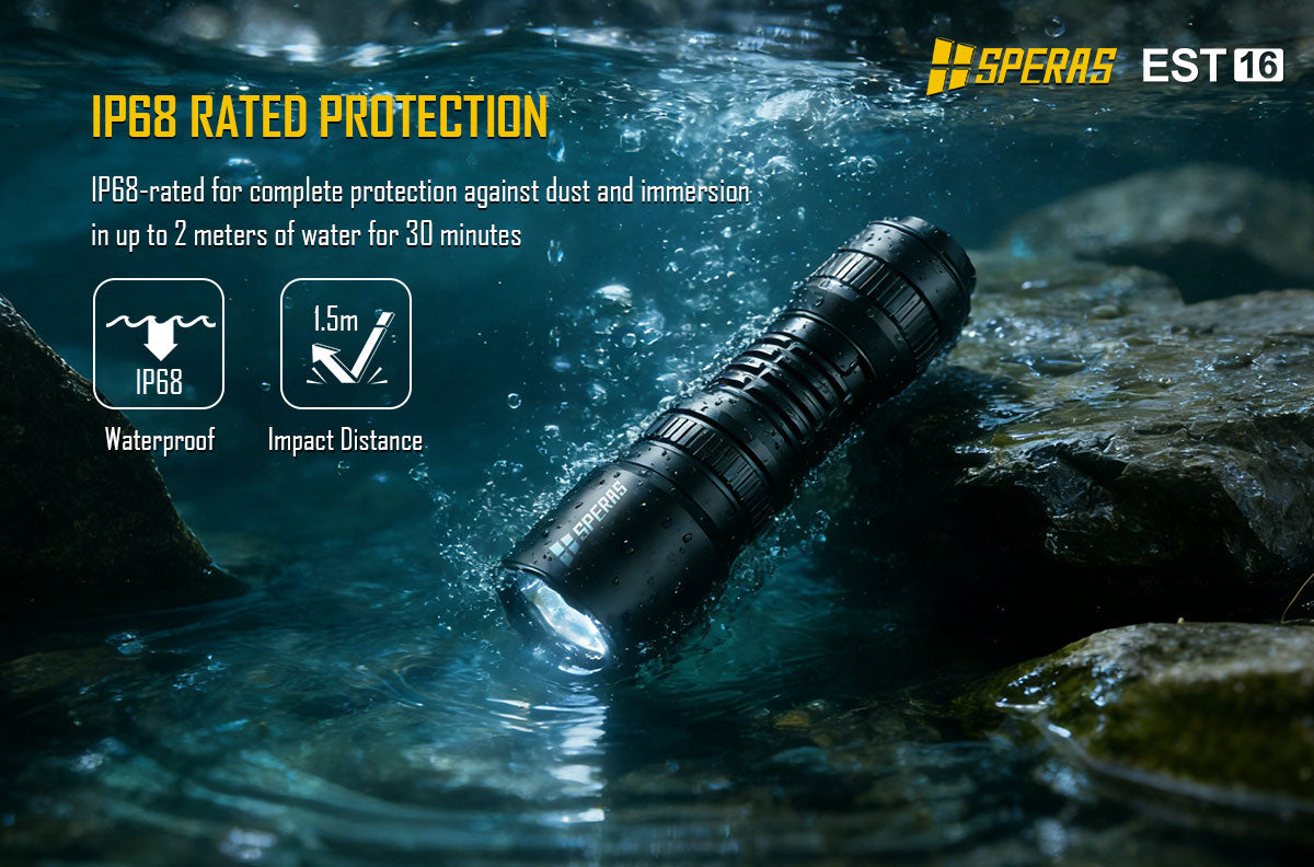 IP68 waterproof rating of SPERAS EST16 submerged in water, ideal for tactical duty carry