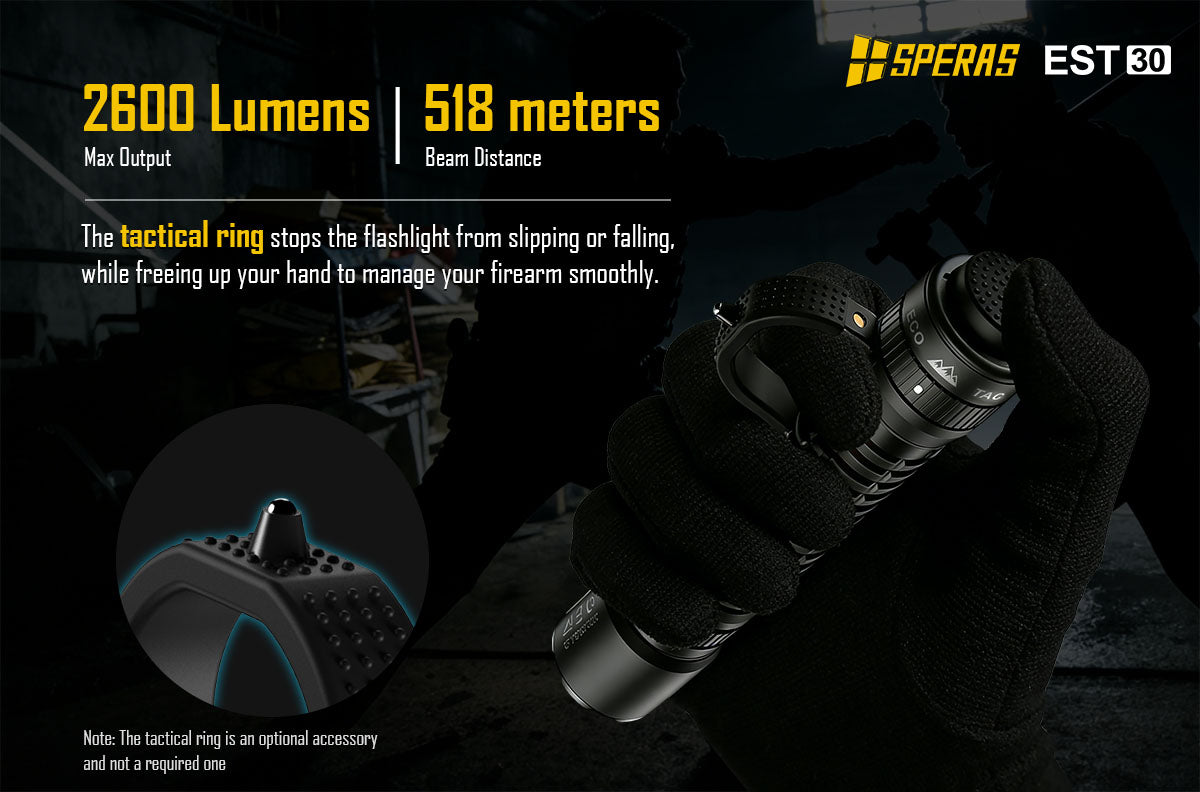 Nano-ceramic strike bezel and tactical grip ring on SPERAS EST30 high-performance defense flashlight