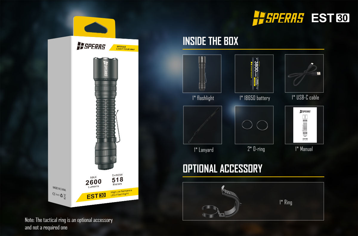 SPERAS EST30 tactical flashlight standard retail packaging and included 18650 battery accessories