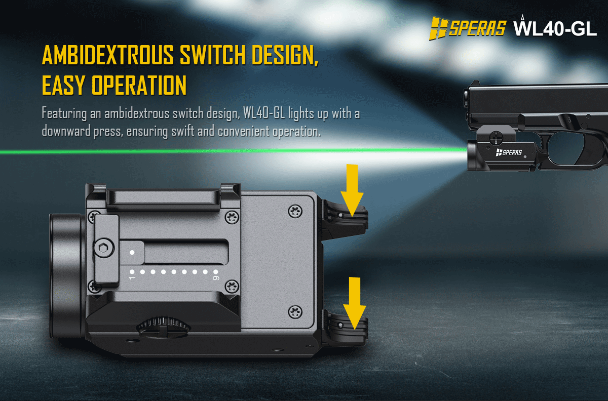 Ambidextrous downward press switch mechanism for rapid activation on the SPERAS WL40-GL weapon light