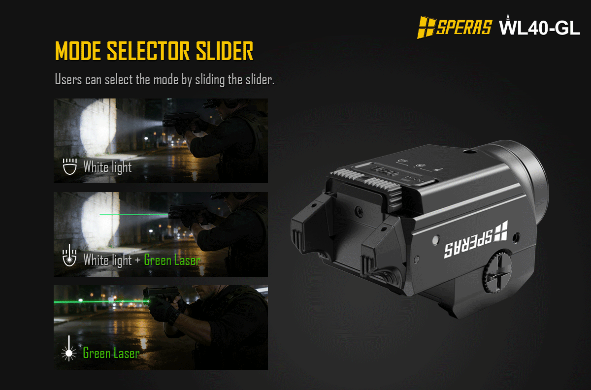 Mode selector slider switch on SPERAS WL40-GL allowing instant transition between white light and green laser