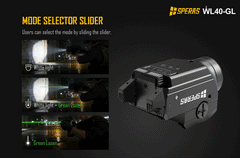Mode selector slider switch on SPERAS WL40-GL allowing instant transition between white light and green laser