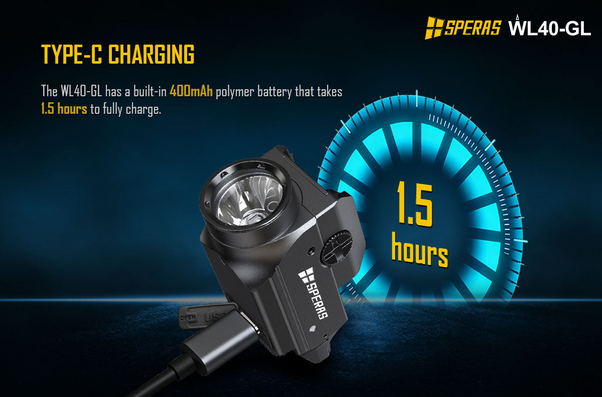 Smart LED battery capacity indicator status on the side panel of SPERAS WL40-GL weapon light