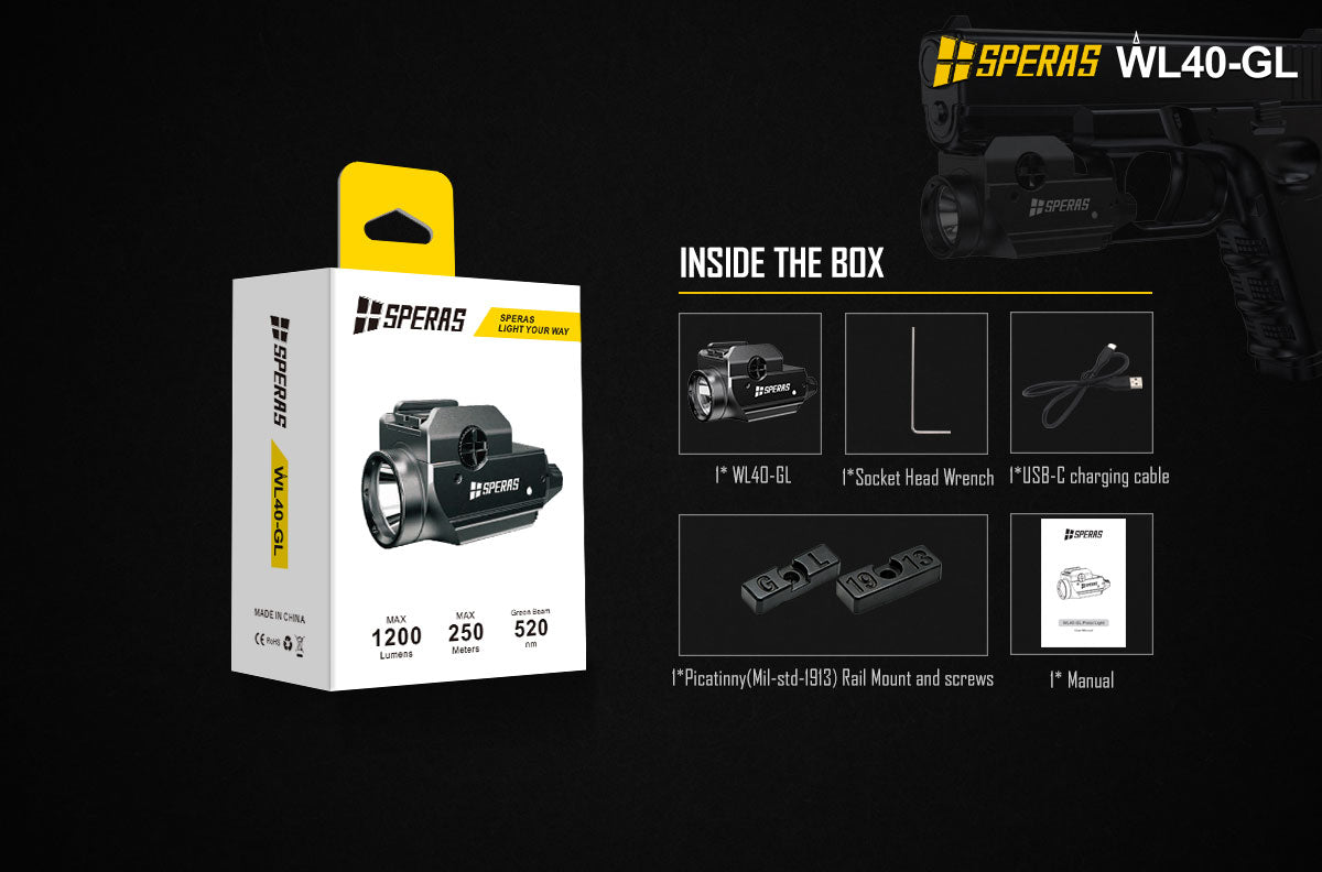 SPERAS WL40-GL weapon light inside the box premium packaging design and standard configuration accessories checklist