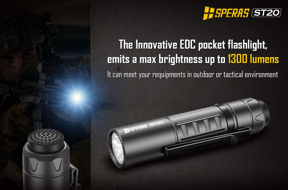 SPERAS ST20 1300lm Tactical EDC flashlight concealed carry in hand