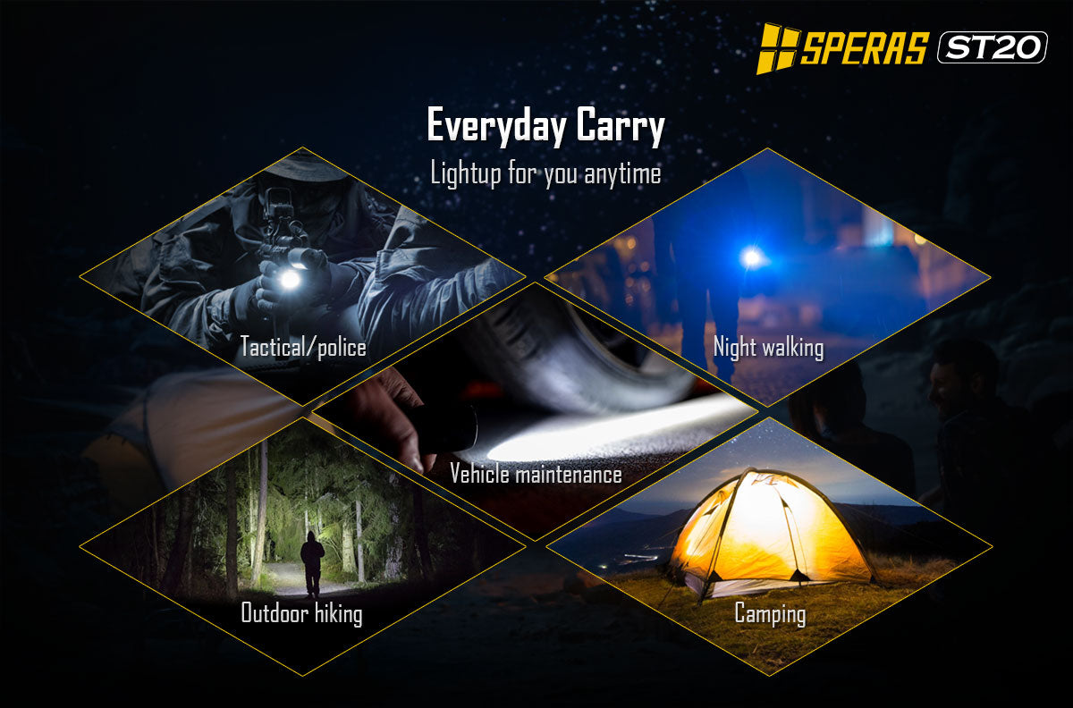 SPERAS ST20 tactical EDC applications utilizing the 2-in-1 tactical tail switch in the dark