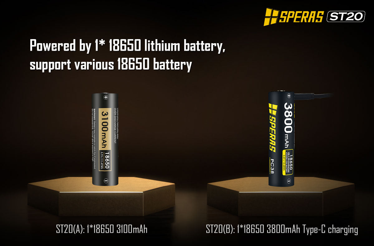 SPERAS ST20 tactical flashlight battery options 3100mAh and 3800mAh USB-C rechargeable 18650
