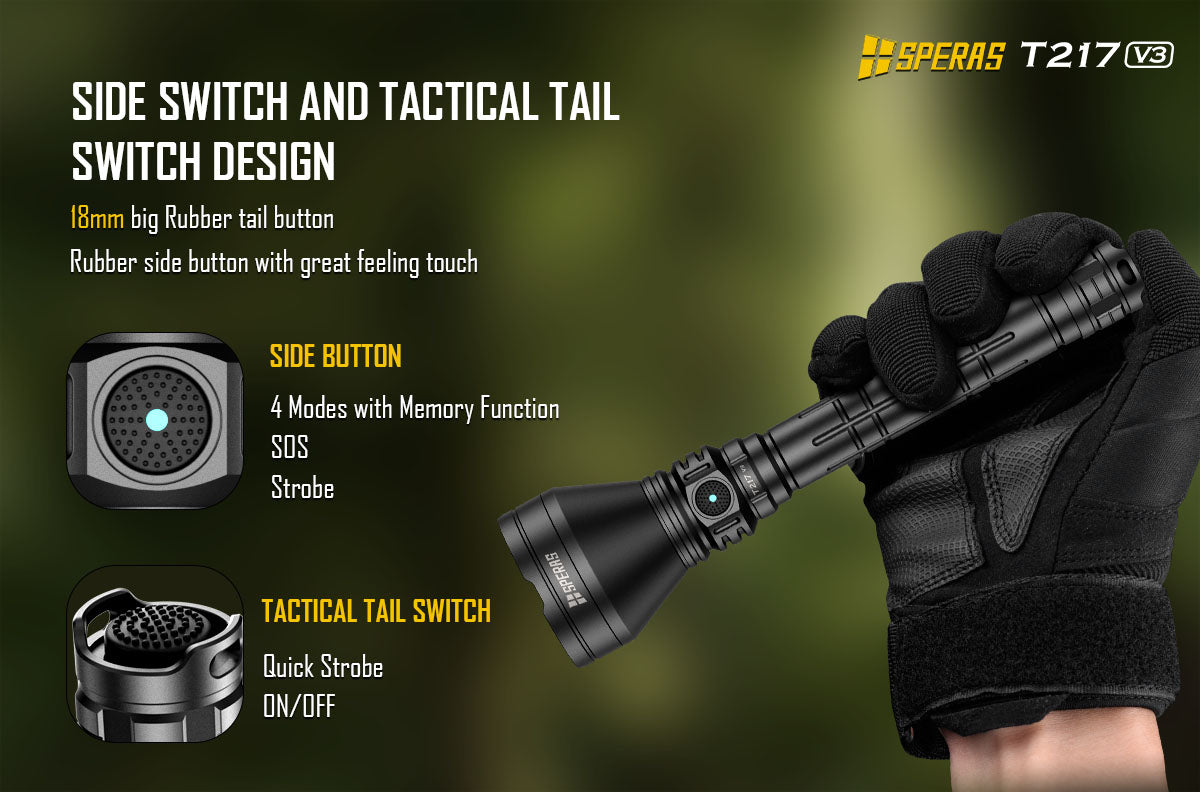 Dual tactical tail switch and side button of SPERAS T217 V3 hunting torch
