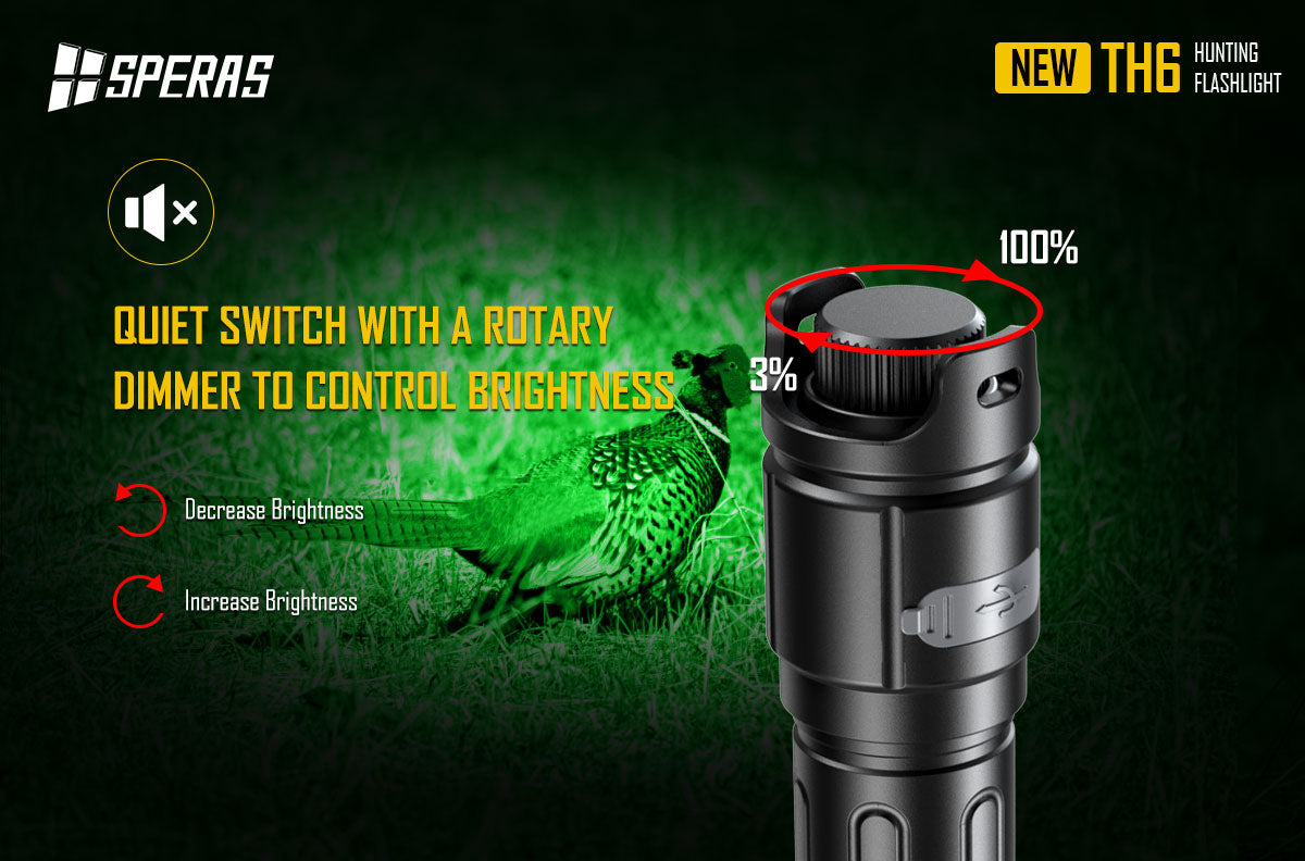 SPERAS TH6 hunting flashlight featuring a quiet switch and rotary dimmer for stealthy brightness control