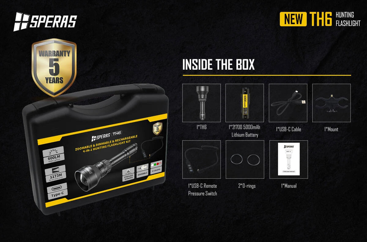 SPERAS TH6 hunting flashlight package contents and outdoor gear accessories