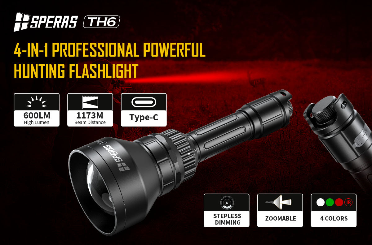 SPERAS TH6 versatile hunting flashlight 1173m throw with zoomable focus for predator tracking