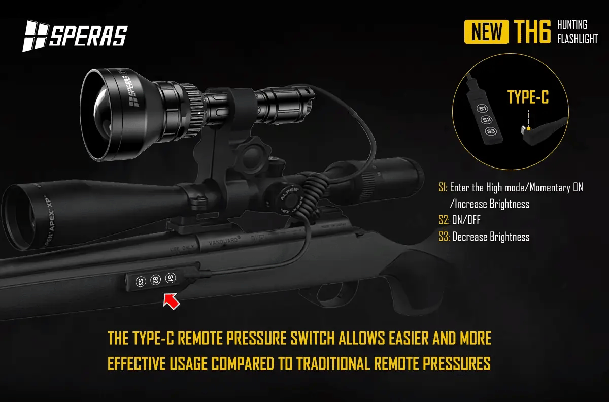 SPERAS TH6 tactical hunting flashlight stepless dimming tail switch for stealth operation