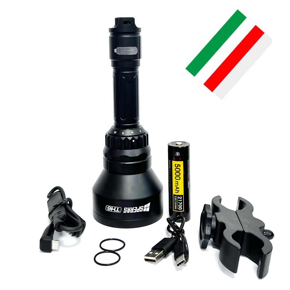 SPERAS TH6 hunting gear set displaying White, Red, Green, and IR850 LED capabilities with USB-C charging accessories