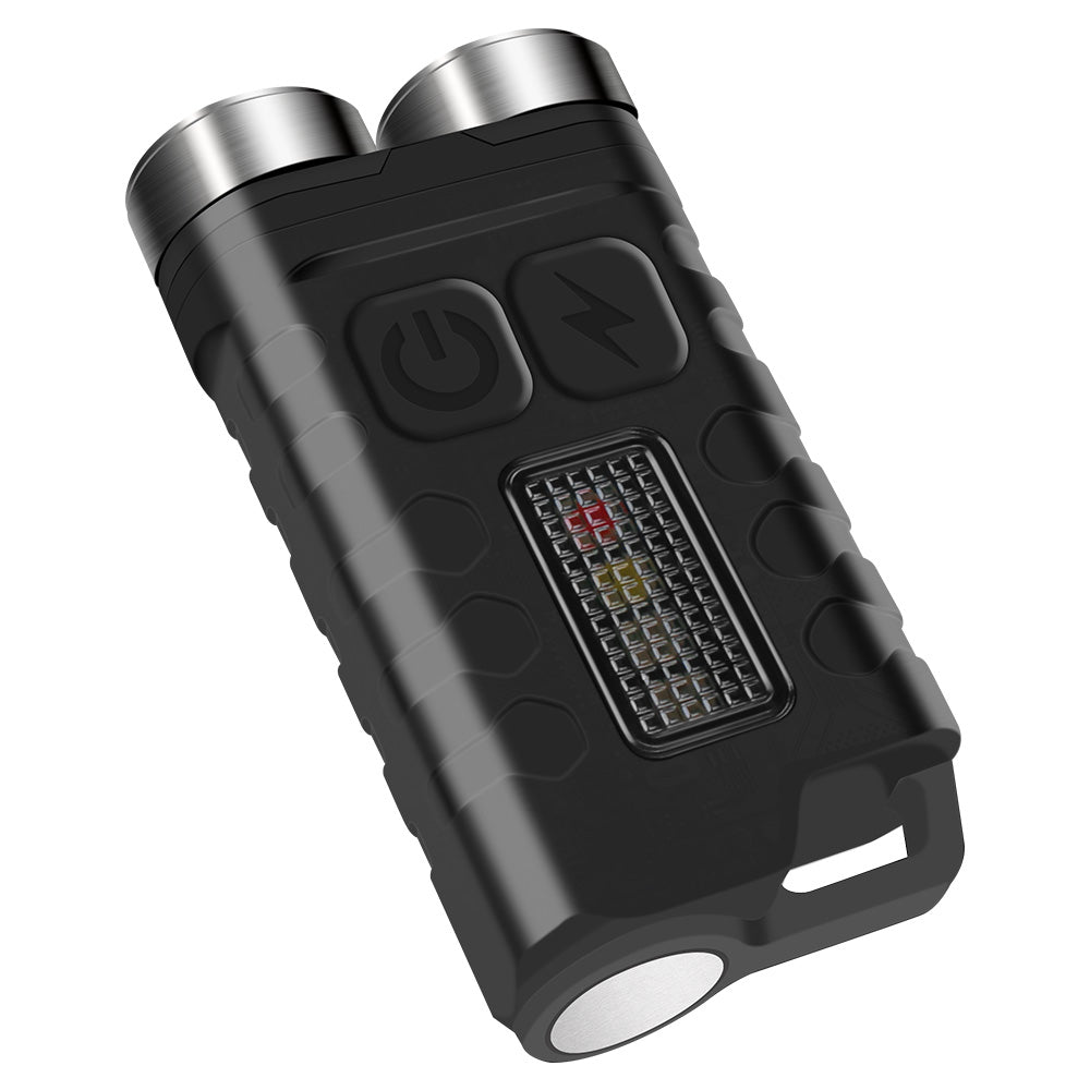Top down view of the luminous white SPERAS V3 mini flashlight clearly displaying the dual emitter head and dual operating button layout.