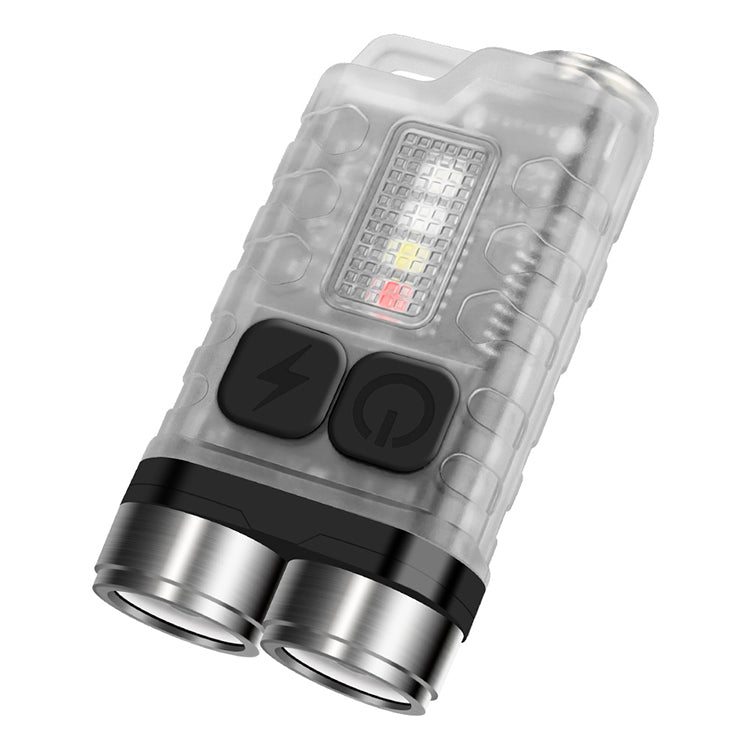 Close up side profile view of the luminous white SPERAS V3 EDC Mini Flashlight highlighting dual emitters, pocket clip, control buttons, and USB C port.