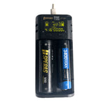 SPERAS ZT20 charger actively charging two 18650 Li-ion batteries, with the smart LCD screen displaying voltage and capacity data