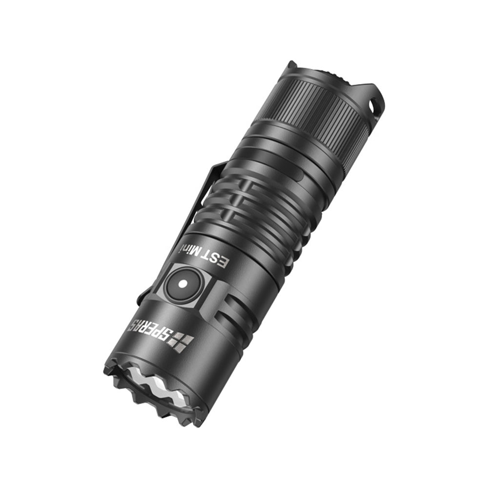 SPERAS EST Mini EDC pocket light showing tactical tail switch and heavy-duty clip