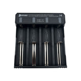 Top-down view of the SPERAS i4 4-slot smart battery charger featuring clear LED indicator bars