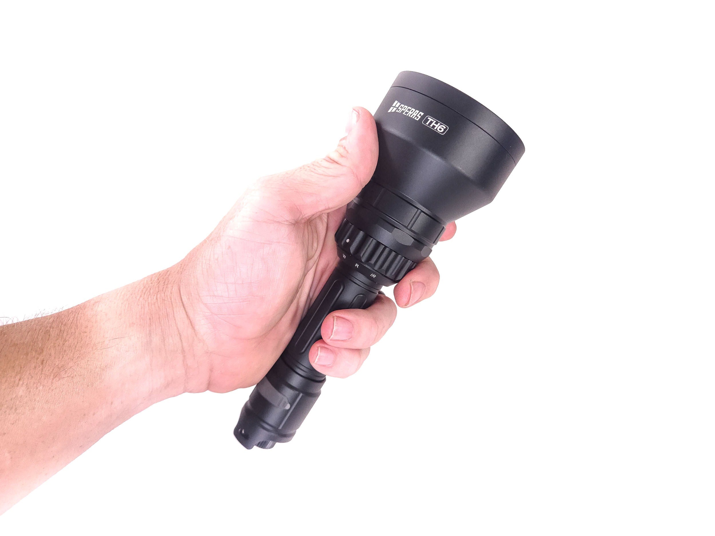SPERAS TH6 zoomable hunting flashlight held in hand showcasing its ergonomic body and multi-color rotary switch