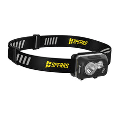 alt='SPERAS B7 dual-fuel headlamp with adjustable elastic headband 600 lumens ultra-lightweight running headlight'
