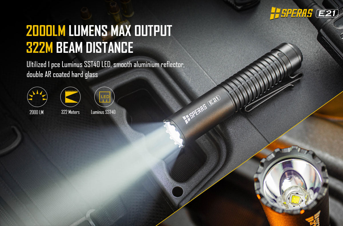 Bright 2000 lumen long distance light beam of the SPERAS E21 tactical flashlight