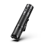 Angled profile of SPERAS EST compact tactical flashlight showing side switch and pocket clip