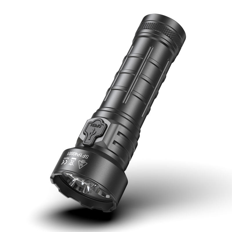 Angled view of SPERAS P4 compact LED searchlight showing side switch and aerospace aluminum body